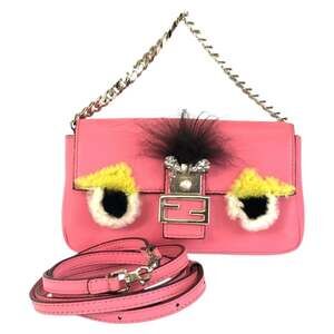 FENDI Monster Micro Baguette Pink Leather Shoulder Bag with Silver Hardware 8...